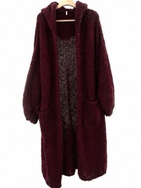 Free People Burgundy Chunky Knit Long Hooded Cardigan Open Front XL